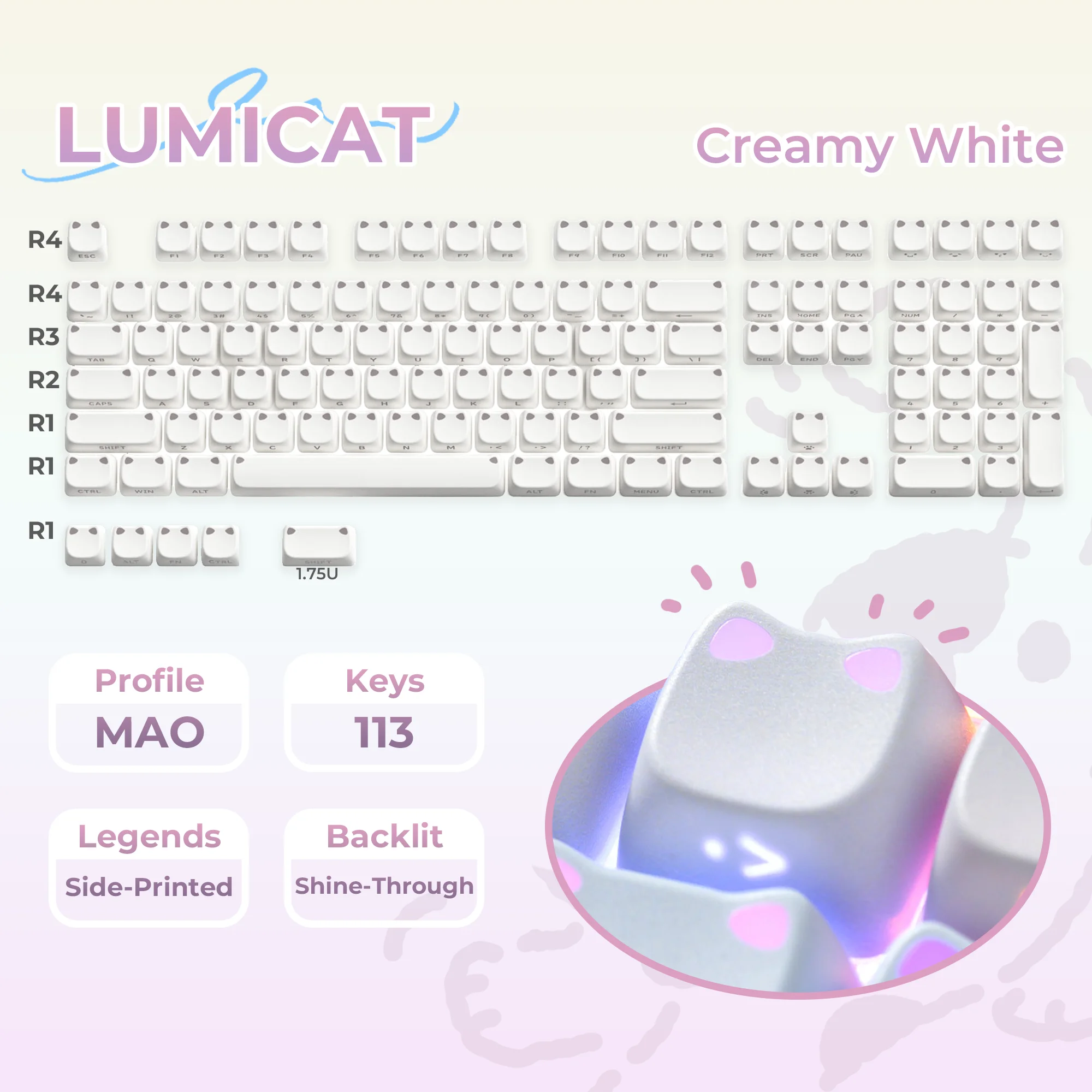 Conjunto de Teclas XVX Branco Lumicat MAO com Impressão Lateral e Translucidas, 113 Teclas, Double Shot, com Design de Orelha de Gato Fofa