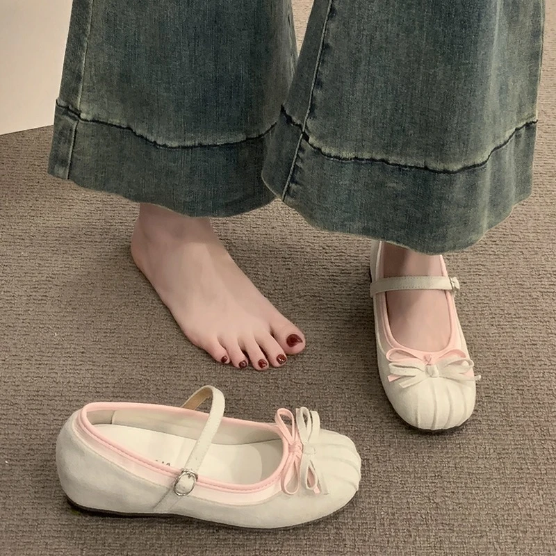 

Heightened Single Shoes Round Toe Shallow Mouth Bow One Strap Soft Sole Non-Slip Shoes for Women
