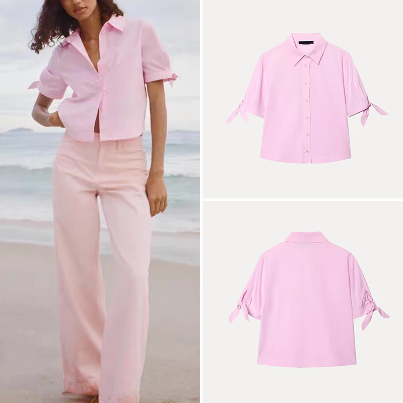 

Faionable Knot Decorated ort Sve irt Z Women's Commute Sle Regular Fit Polyester Fiber