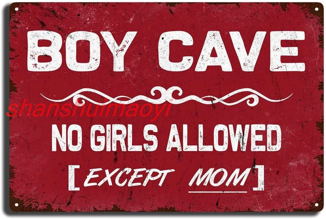 Tin Sign Painting Boy Cave Metal Sign No Girls Allowed Except Mom Sign Boy Room Wall Door Sign Decor for Teen Boys Bedroom Door