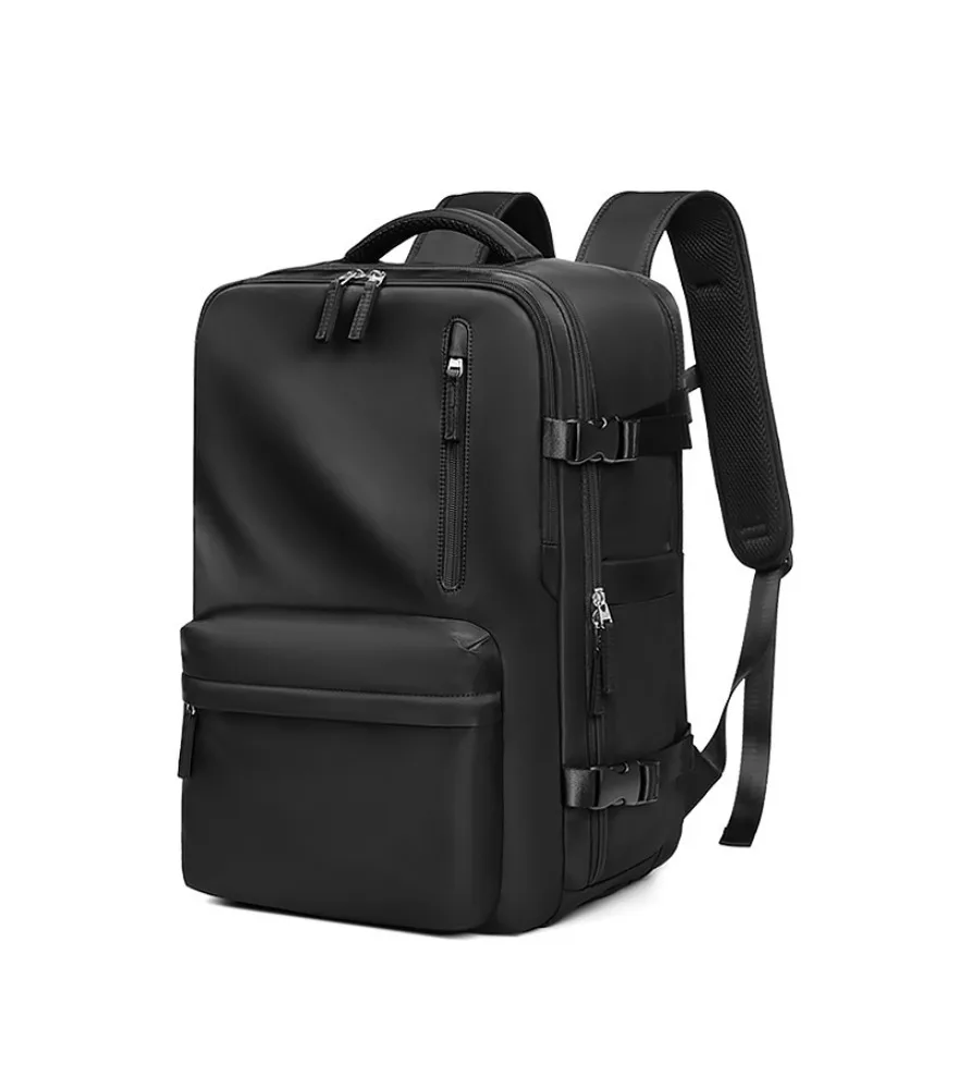 Black leather like expandable backpack with side buckles anti splash for men business commute weekend travel
