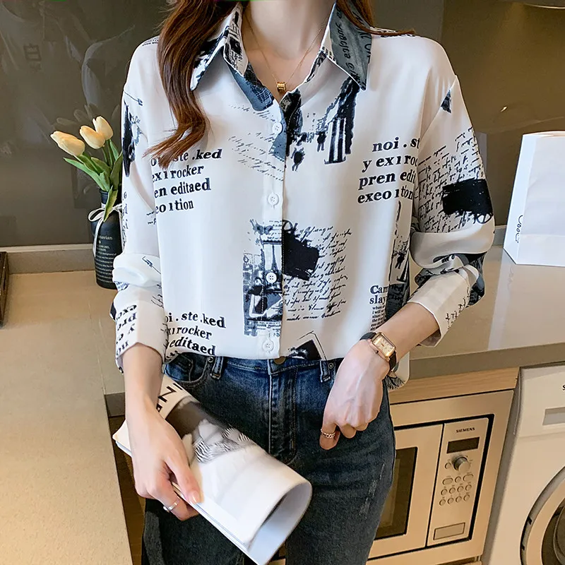 Korean Style Comfort Casual Long Sleeve Letter Printing Blouse Shirt for Women Office Top Clothing Baju