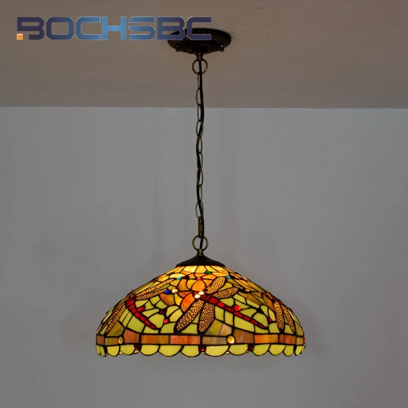 BOCHSBC Tiffany Stained glass 16 inch American style Dragonfly Chandelier Art Deco Hotel Dining Room bedroom hanging light