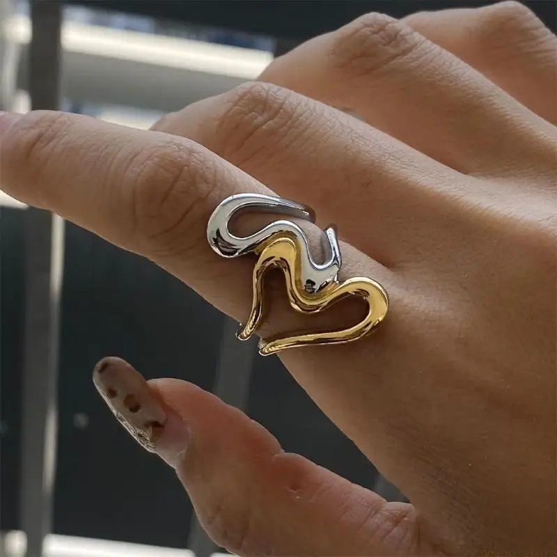 31BF Unique Irregular Line Heart Cutout Rings Fashionable Abstract Hollow Rings