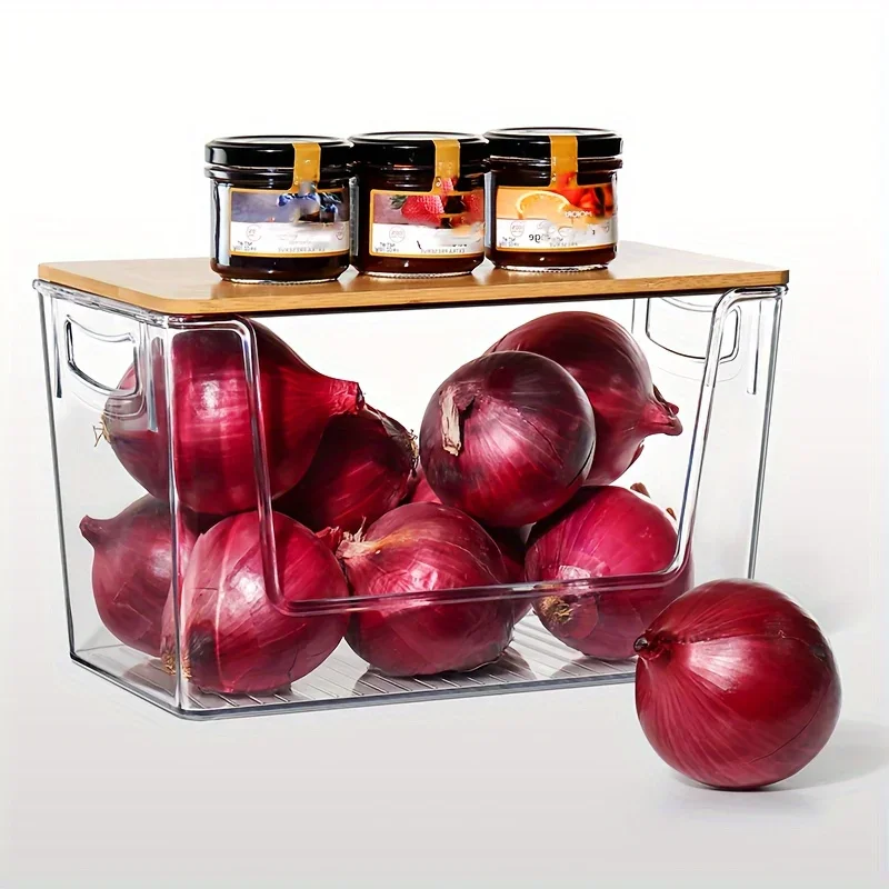 

Kitchen organizing box with bamboo lid - Space-saving vanity storage box - Stackable kitchen storage bins with ventilation holes