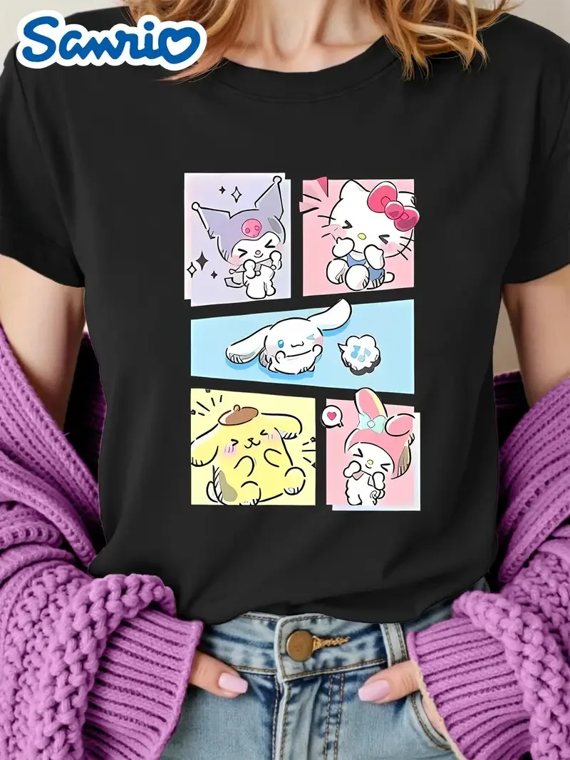 

Хлопковая футболка с рисунком Sanrio, красочный узор в виде коллажа с персонажами, игривый и яркий дизайн, чистый хлопок, идеально подходит для влюбленных