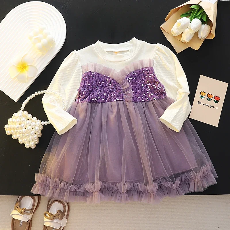 Spring and Autumn Baby Girls Dress Long Sleeved Dresses Infant Girls Sweet Splicing Mesh Glitter Princess Dresses