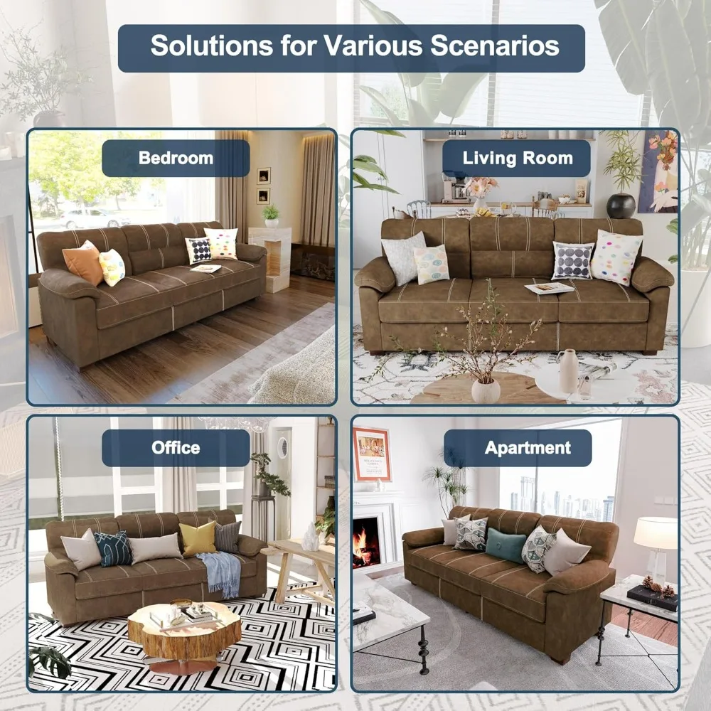 أريكة من الجلد الصناعي البني بثلاثة مقاعد مع مساند للذراعين واسعة ووسائد ومقعد عميق وخياطة متباينة