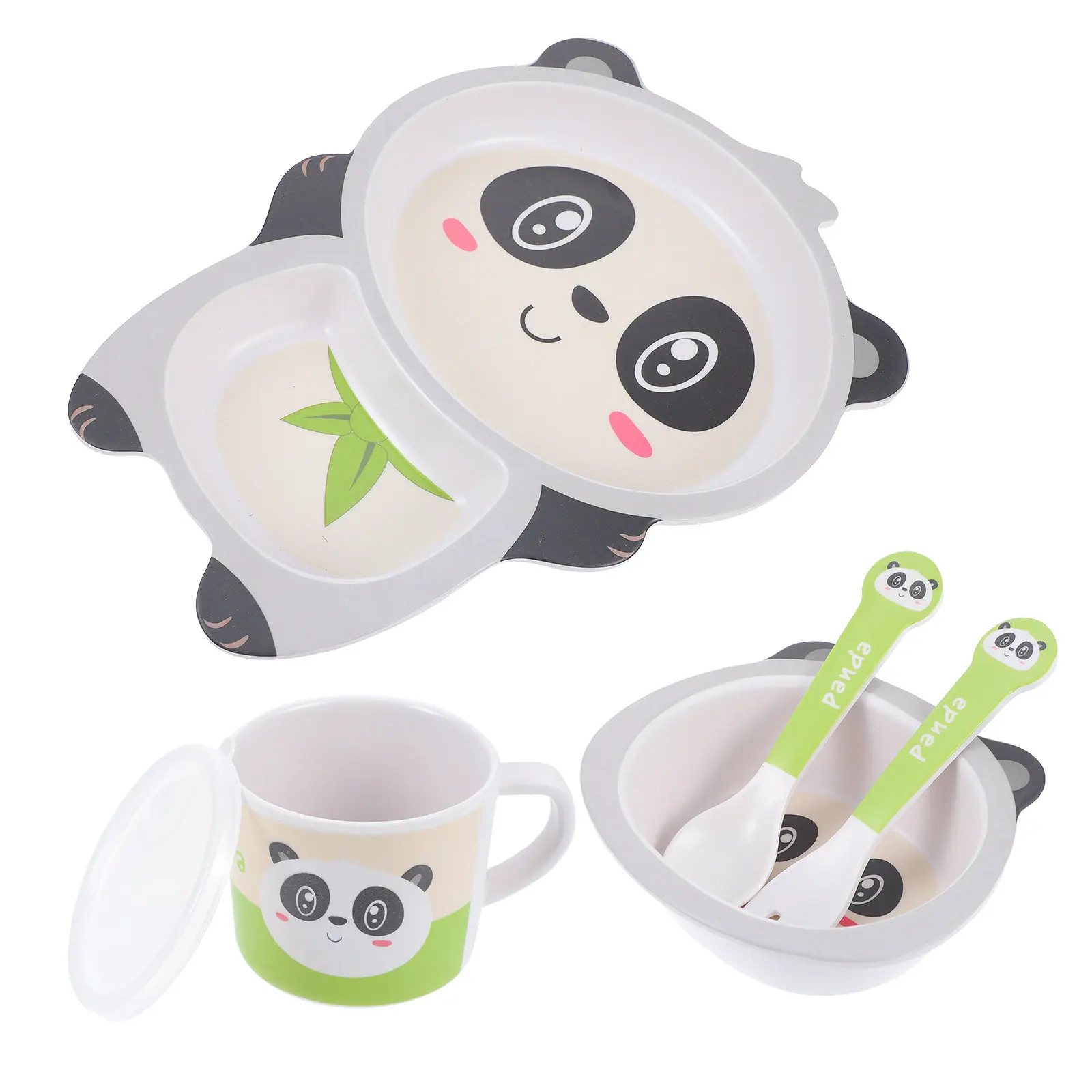 

Набор детской посуды из бамбукового волокна, 5 предметов: тарелка с отделениями, ложка, вилка, миска, чашка – незаменимый набор для детского питания