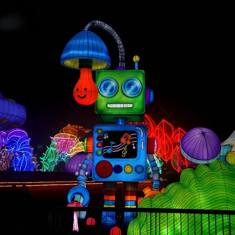 Customizable steampunk robot lanterns, public square weatherproof festival lanterns