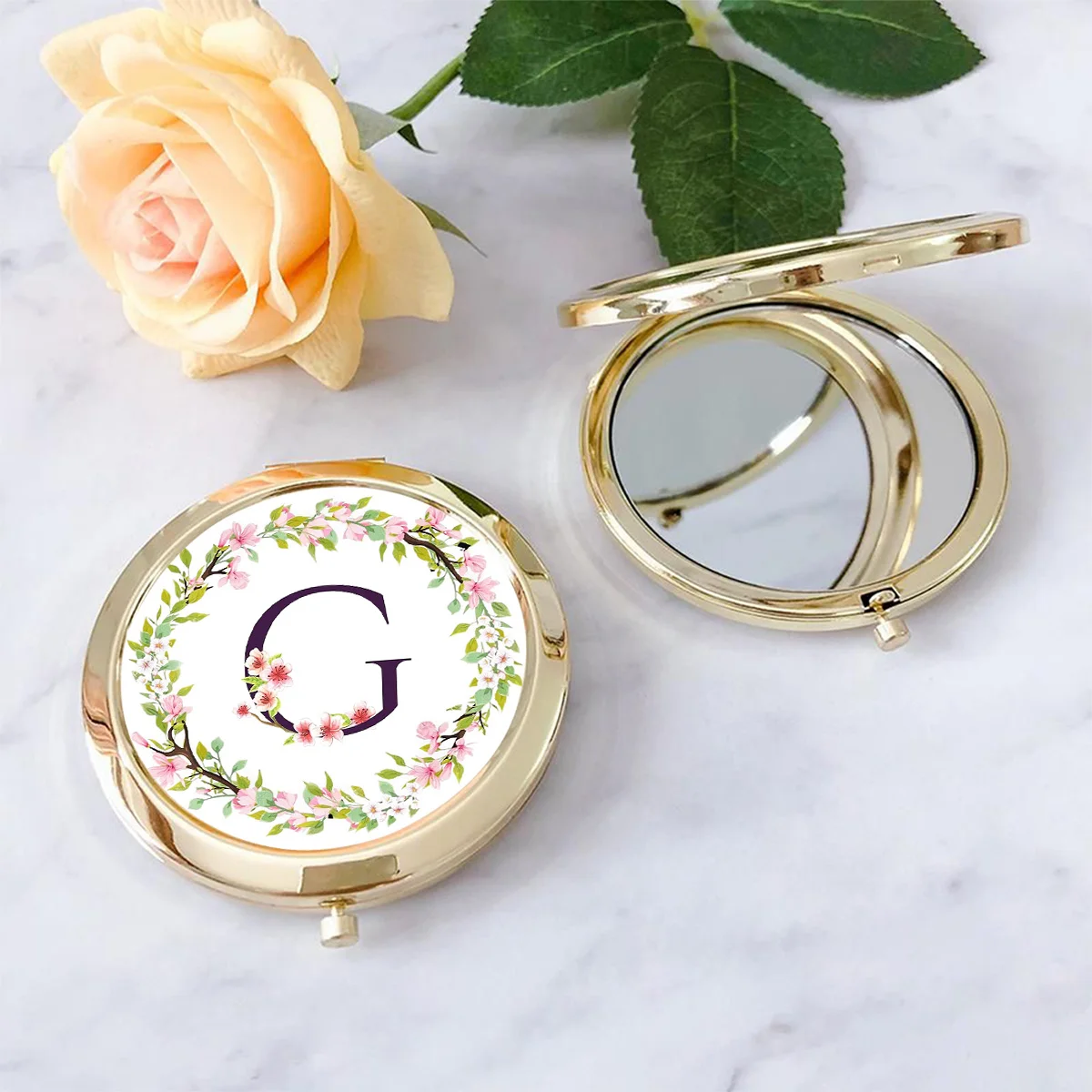 Golden border double-sided folding portable makeup mirror, personalized letter flower women's travel pocket mirror