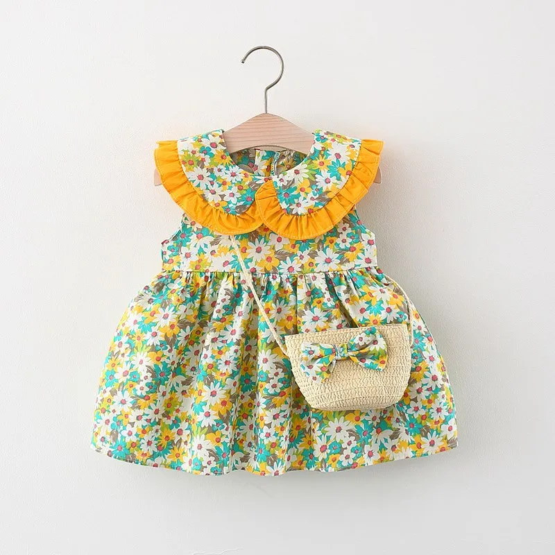 New In 2Piece Sets Summer Baby Girl Clothes Korean Cute Flowers Doll Collar Sleeveless Princess Dress+Bag Toddler Dresses BC014