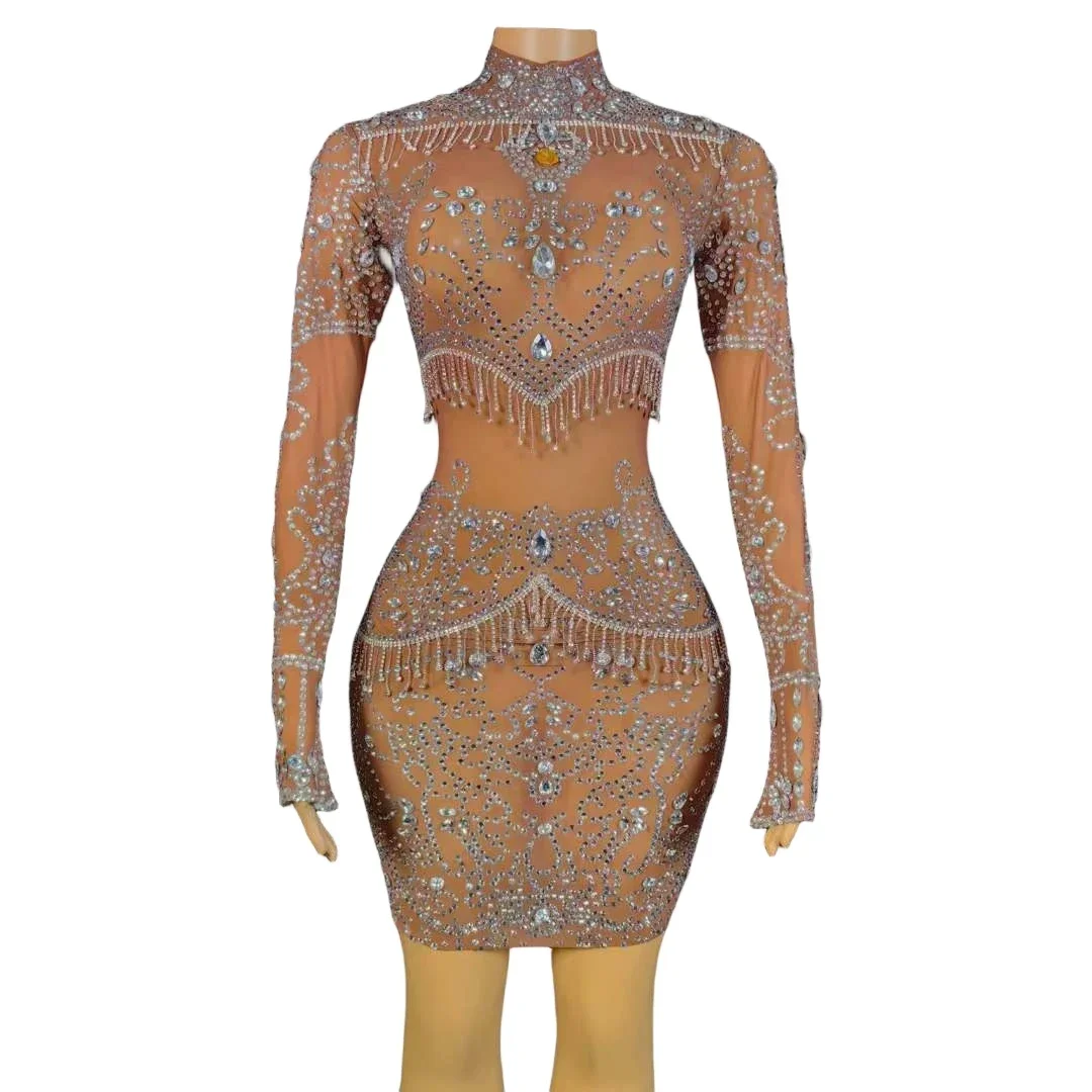 

Rhinestone Long Sleeve Fringe Crystals Short Dresses For Women Evening Party Prom Birthday Las Vegas Show 2024 Luxury Stage Wear