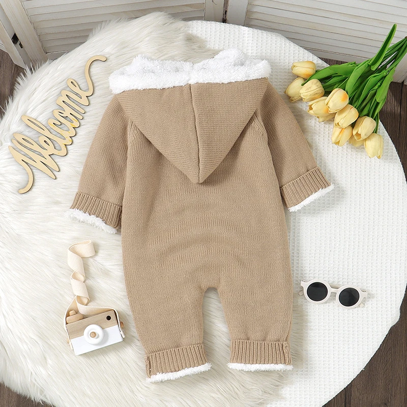 Newborn Baby Rompers Knit Infant Girls Boy Jumpsuit Long Sleeve Winter Toddler Kid Clothing 0-18M Overalls Fashion Hooded Fleece