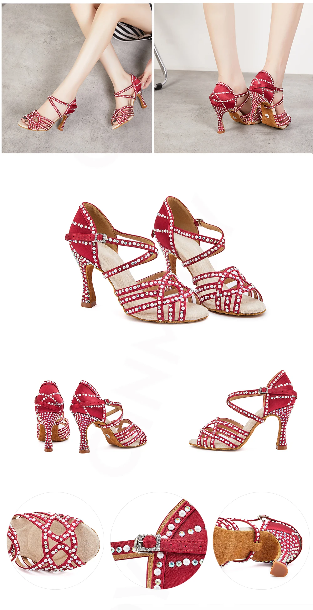 CINMIDY Perlen Latein Tanzschuhe Tango Salsa Jazz Ballsaal Tanzschuhe für Damen Rote Strass Hochzeitsschuhe – Detail 7