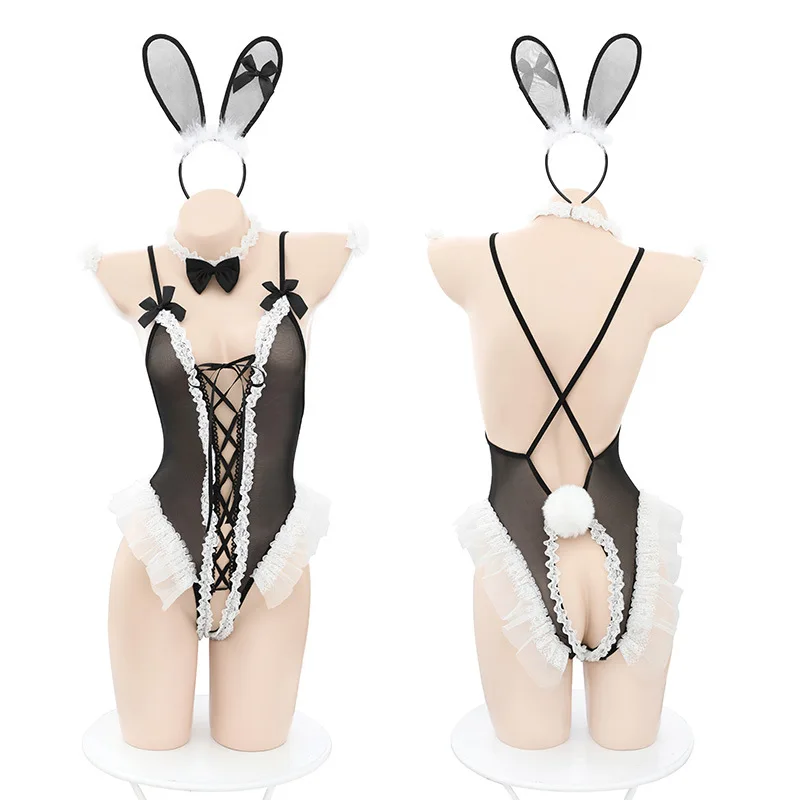 Sexy Lingerie Cute Anime Bunny girl Hollow Out Bodysuit Lace Open Crotch Underwear Kawaii Couple Role Play Rabbit Butler Uniform