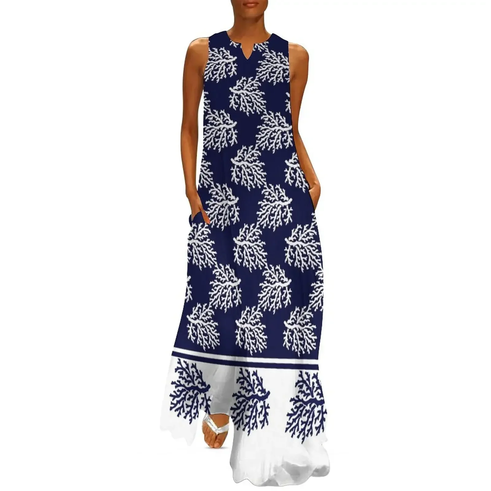 

Navy Blue and White Corals Pattern Long Dress women's summer jumpsuit prom dress 2025 Womens dresses Long dresses Dress