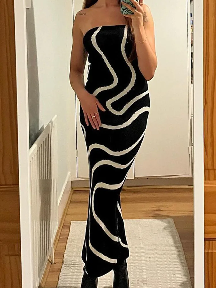 

Black White Knit Striped Strapless Long Dress Women Sexy Sleeveless Backless Wrap Hips Dresses Female Summer Party Club Dress