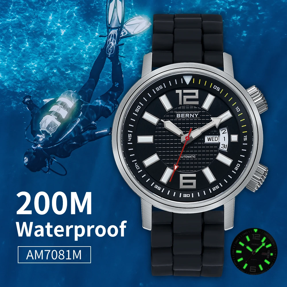BERNY 20ATM Diver Automatic Watch for Men U.S Local Fast Delivery Mechanical Super Luminous Waterproof Swimming Sapphire Watches