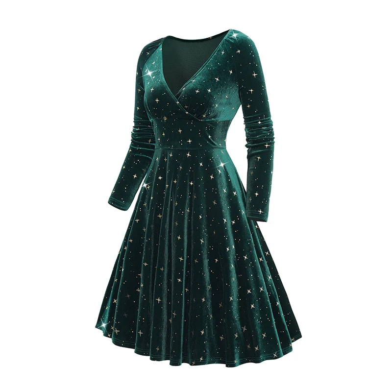 

Dressfo 2024 Womens Fall Winter Dresses Embellished Star Print Wrap Front Elastic Shoulder Velvet Long Sleeve V Neck Dress