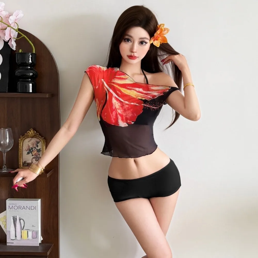 SylCue Flower Print 2 Piece Set Woman Sexy See Through Skew Collar Backless Crop Tops+Skinny Mini Shorts Street Fashion Outfits