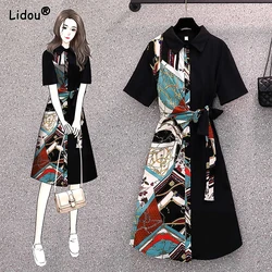 Asymmetrical Print Turn-down Collar Fashion Short Sleeve A-line Skirt Young Style Summer New Belt Empire Women's Clothing 2022