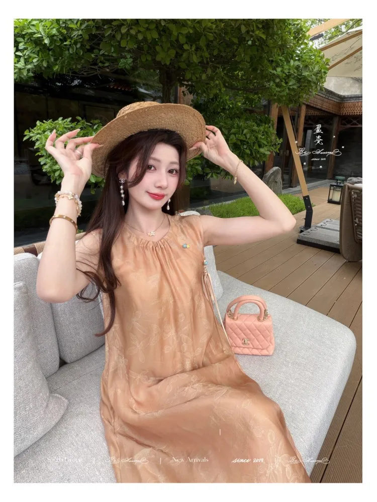 

silk jacquard pendant short dress for vacation