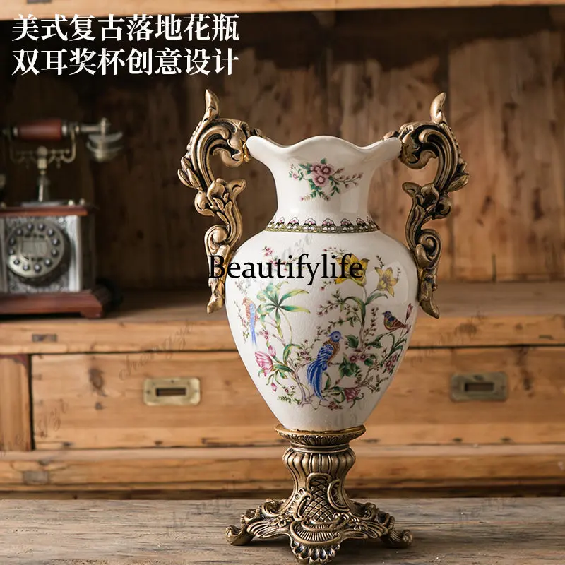 American rural floor binaural trophy ceramic vase creative home living room decoration European ceramic wave mouth vase