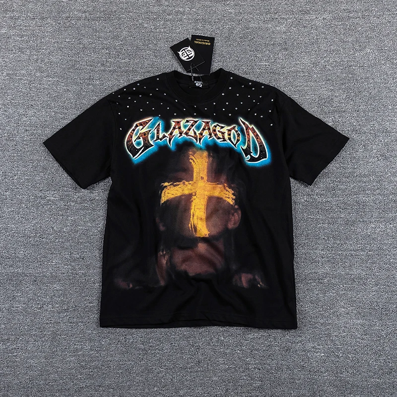 New Glazagod Vintage T-Shirt Men Women Gradient Letter Cross Print Shining Diamond Short Sleeve Tops Tees Fast Delivery