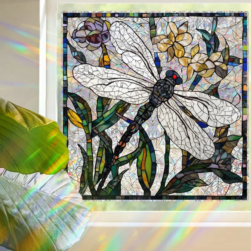 Dragonfly Sun Catcher Static Cling Film 3D Stained Glass Window Film Retro Privacy Sticker For Shower Windows Living Room Decor