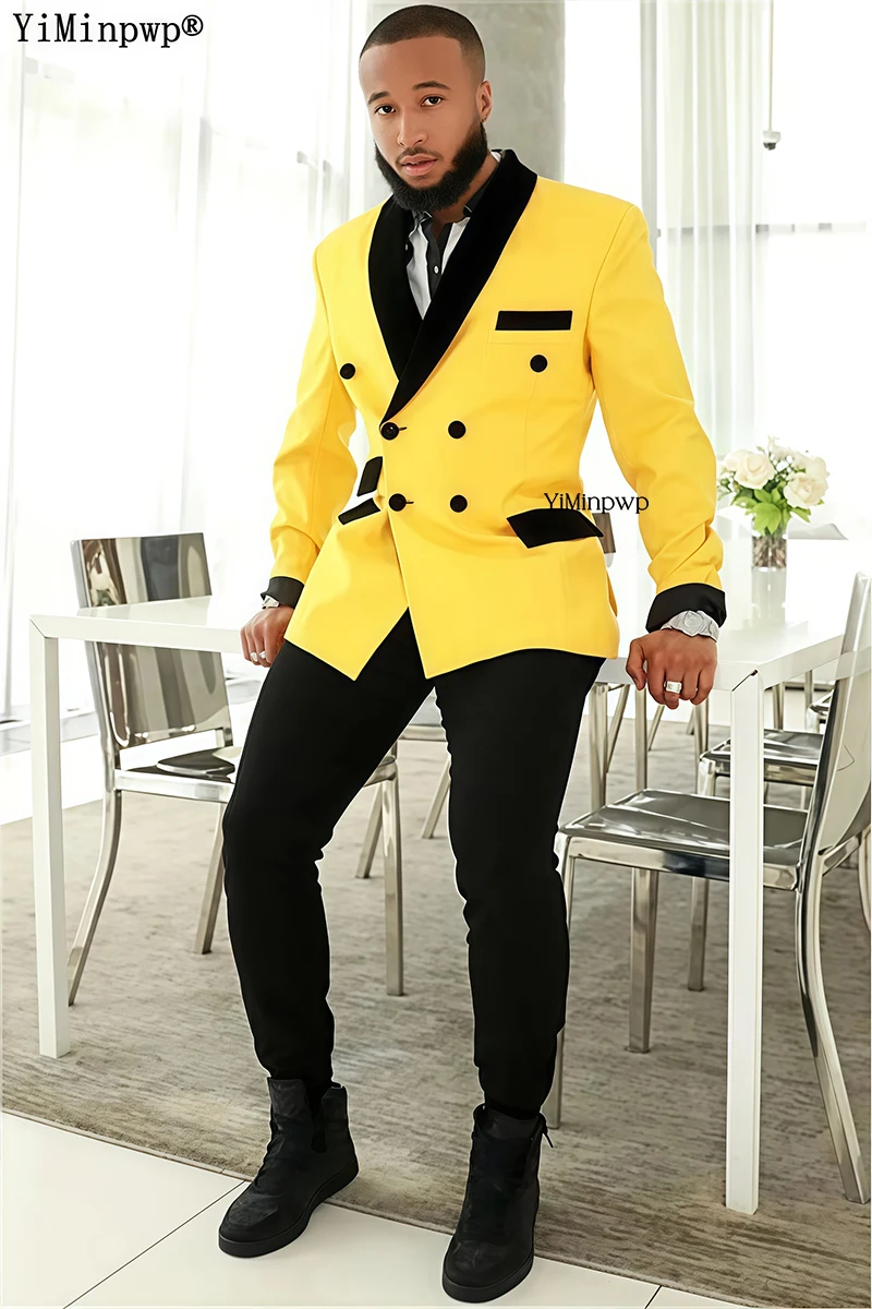 YiMinpwp Blazer amarillo de doble botonadura para hombre con solapa de terciopelo negro, traje ajustado a la moda para fiesta y graduación, chaqueta, tallas XS-XXL