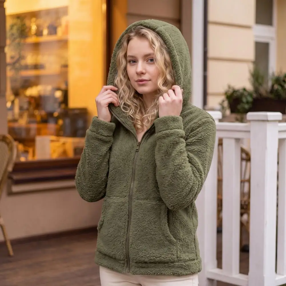 Women Full Zip Fleece Hoodie, Solid Color Hooded Jacket for Fall Winter, Loose Fit Casual Coat with Pockets Zip-Up Hooded Jacket