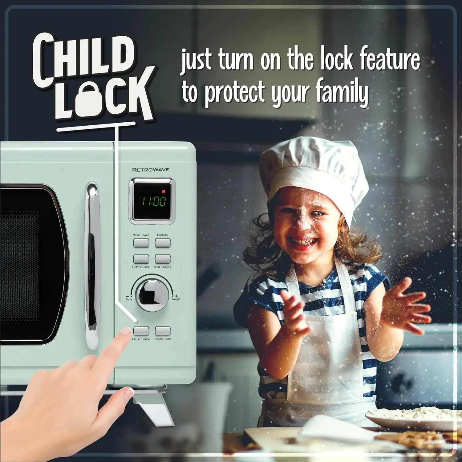 Mid-Century Retro Countertop Microwave Oven  Large 900-Watt 0.9 cu ft 8 Pre-Programmed Cooking Settings Digital Clock - K