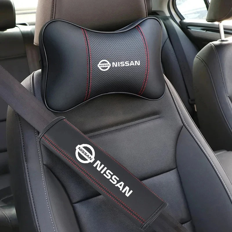 PU Leather Car Headrest Pillow Seatbelt Shoulder Pad For Nissan X-trail Qashqai Note Juke Sentra Patrol Navara Micra Leaf Almera