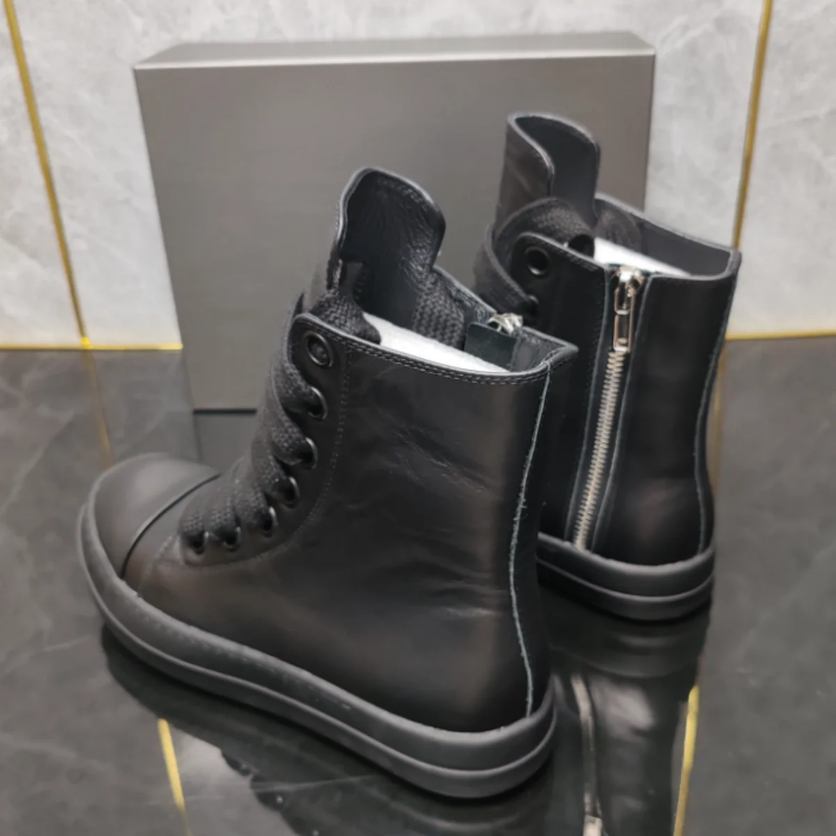 Brand R-o Shoe Full Black Leather Shoes  Men Sneaker Women High Top Shoe Boots Sneakers  Jumbo Laces Casual Shoes