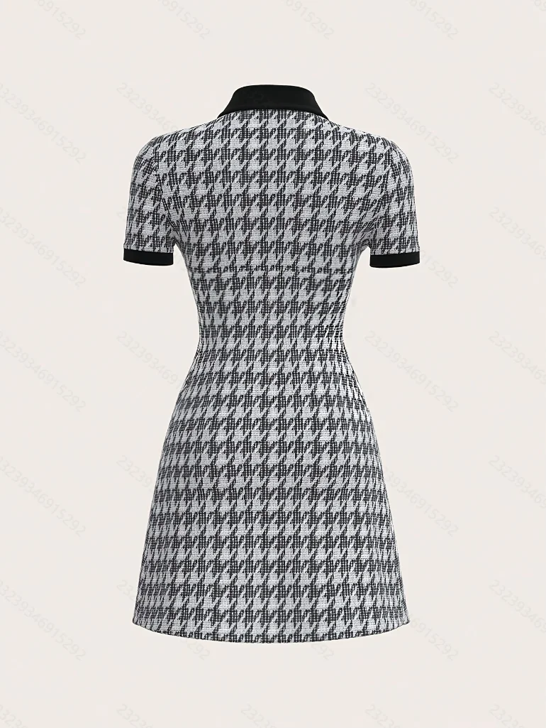 2026 New Spring/Summer Fashion Houndstooth Color-blocking Dress, Exquisite Collar with Bow-tie Short Sleeves Slimming Dress, But