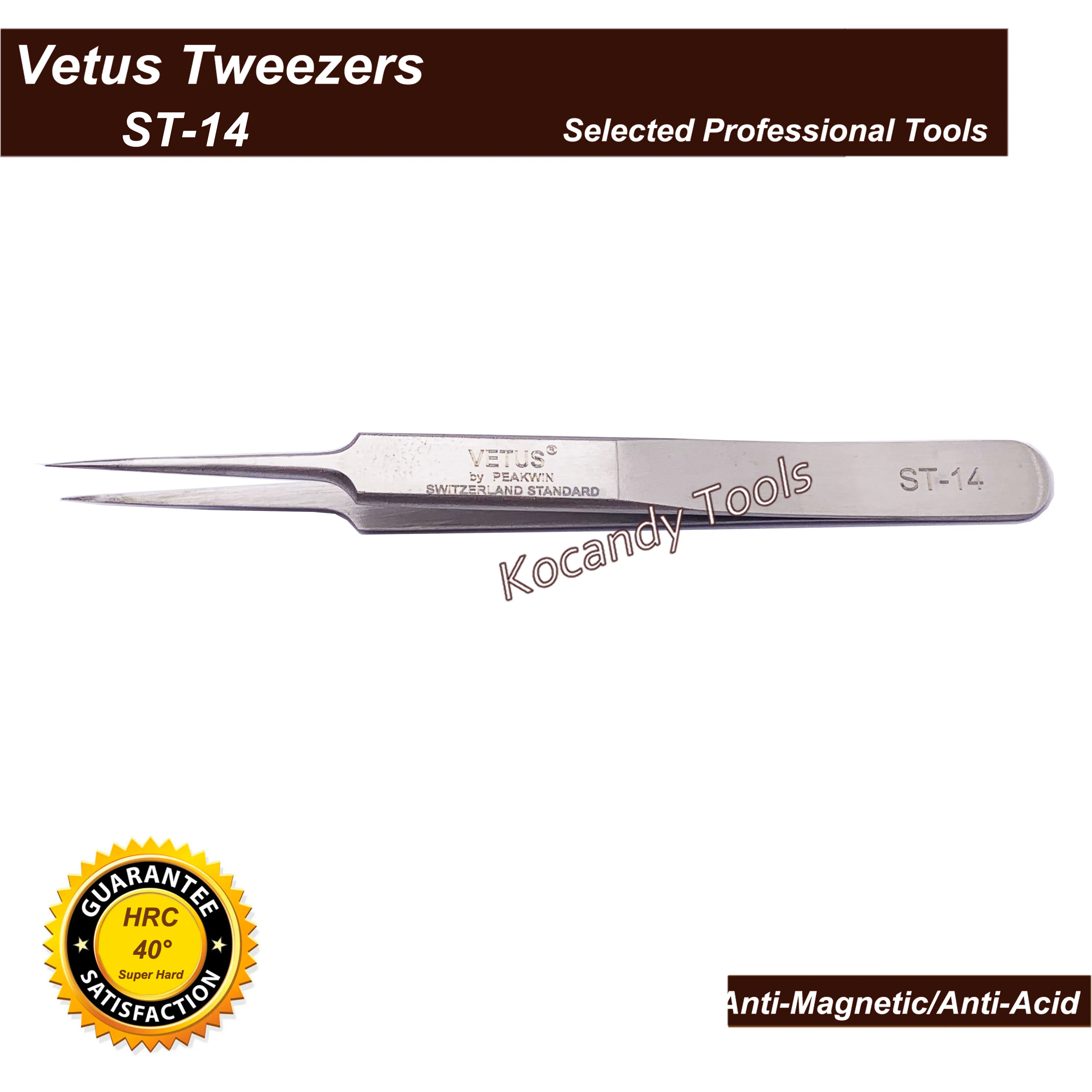 VETUS TWEEZER ST-14 Fine Straight Tip High Quality Stainless Steel Super Hard Anti-magnetic and Anti-Acid Precision Tweezers