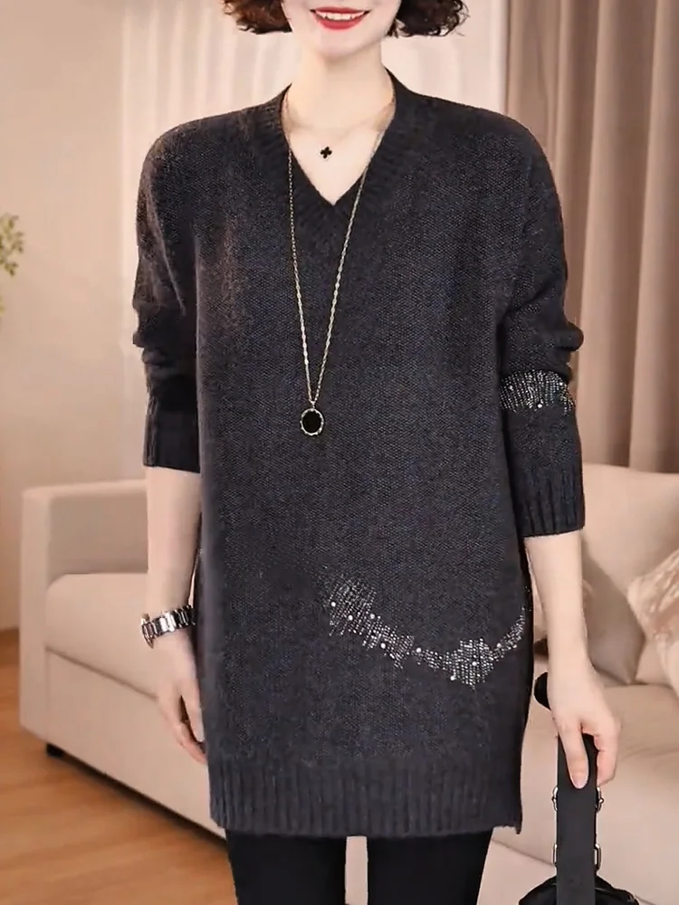 

Faionable V-Ne Knitwear Women's plus Size Slimming Top with Rhinestones Design Autumn New Arrival All-Match Ele