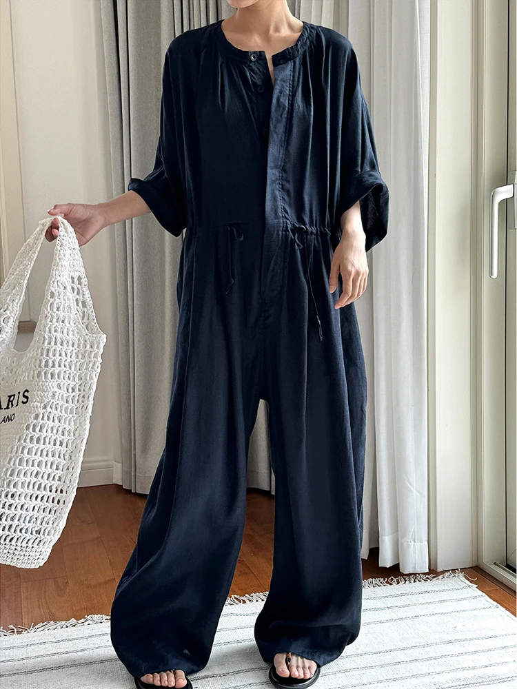 [LANMREM] Linen Sunscreen Jumpsuit For Women Drawstring High Waist Wide Leg Pants Loose Female Clothing 2024 Summer New 26D9388