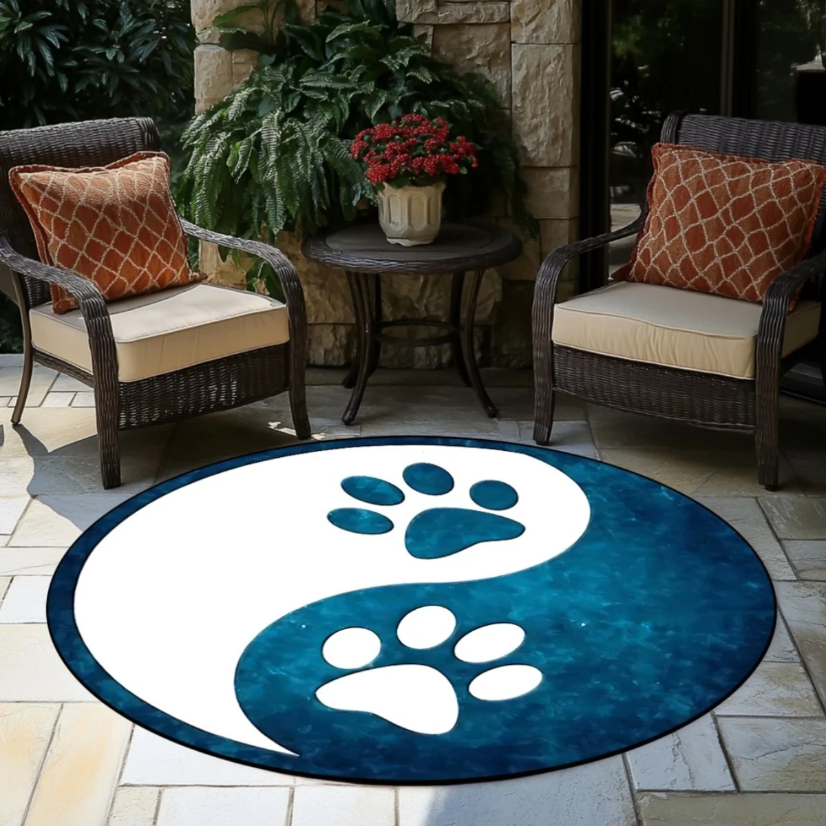 Dog Paw Yin Yang Round Rug Flannel Printed Outdoor Patio Mat Pet Lover Decor Garden Furniture Home Interior Design