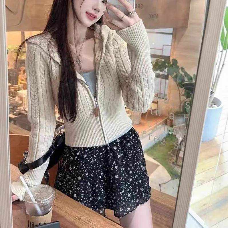

Fried Dough Twists Knitted Zipper Hooded Short Sweater Coat Waist Shrinking Slim Sweet Knitted Cardigan Women