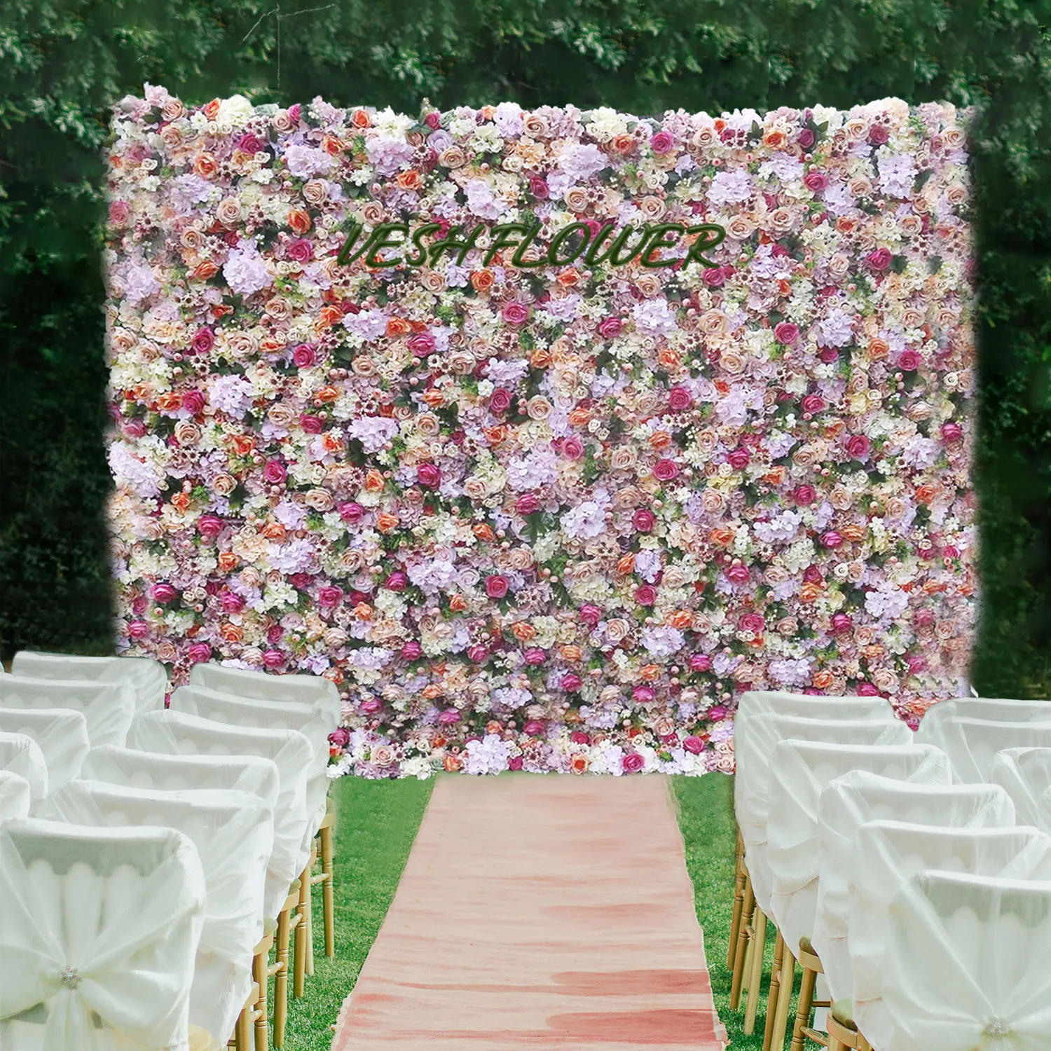 

3D Mixed Flower Luxurious purple Rose Peony powder Hydrangea green leaf artificial plant flower wall wedding decor