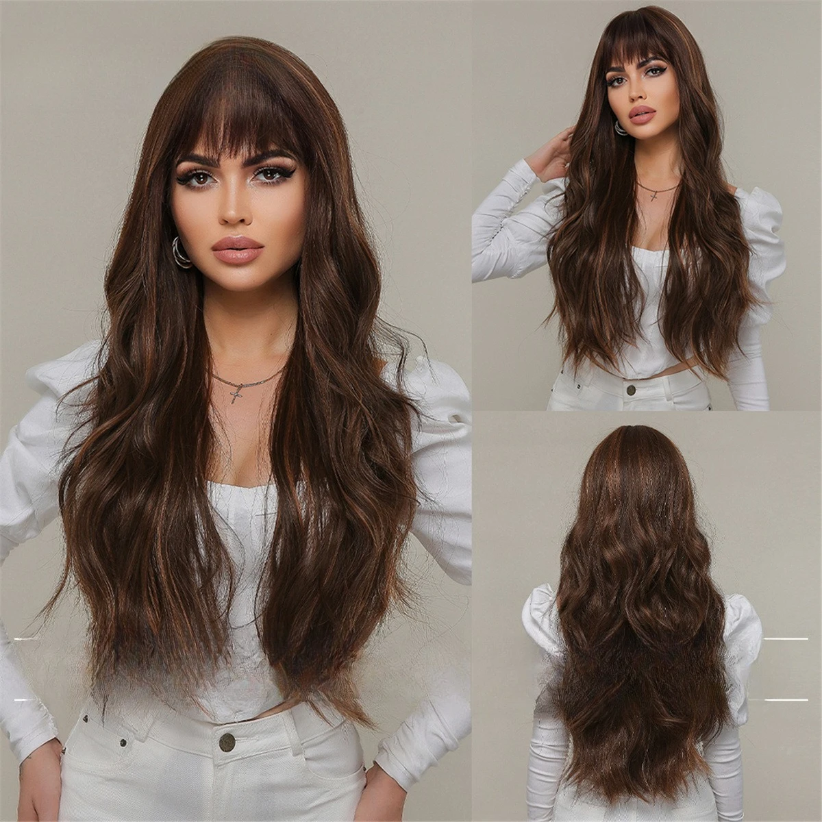 

European and American style new women's wig, Qi bangs brown long curly hair full head wig