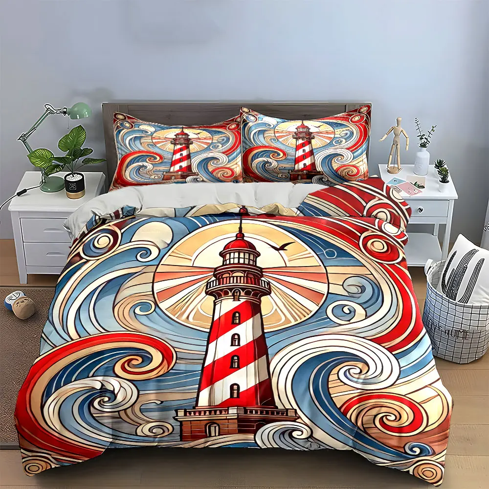 Lighthouse Ocean Art Decor Set Soft Skin-Friendly Bedding Set Includes 1 Duvet Cover And 2 Pillowcase, Gift