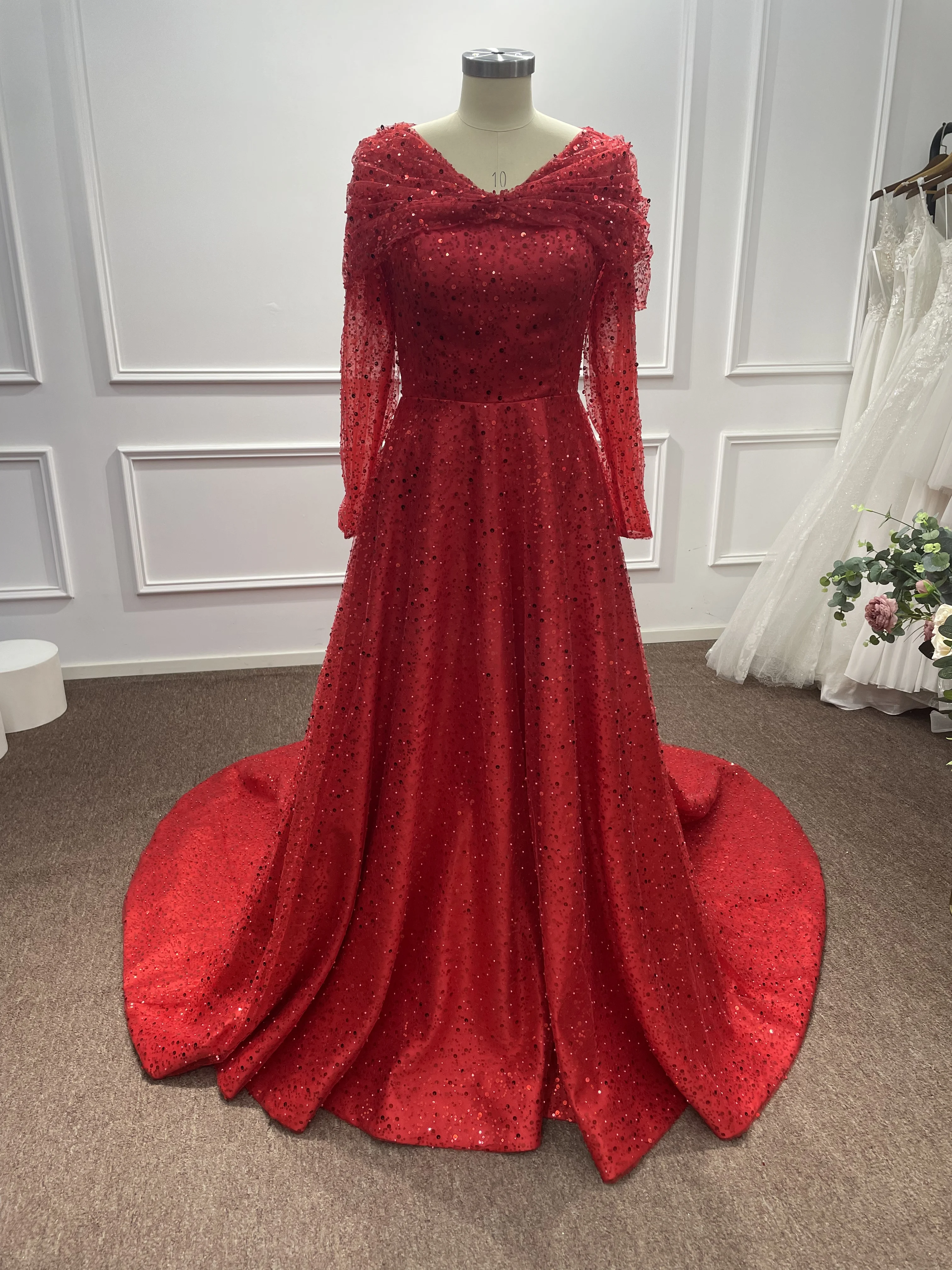 SWEMILE 2025 luxury Beadings Evening Dresses A-Line V-Neck Prom Dresses Long Sleeves Wedding Dresses robes invitée mariage dubai image 5