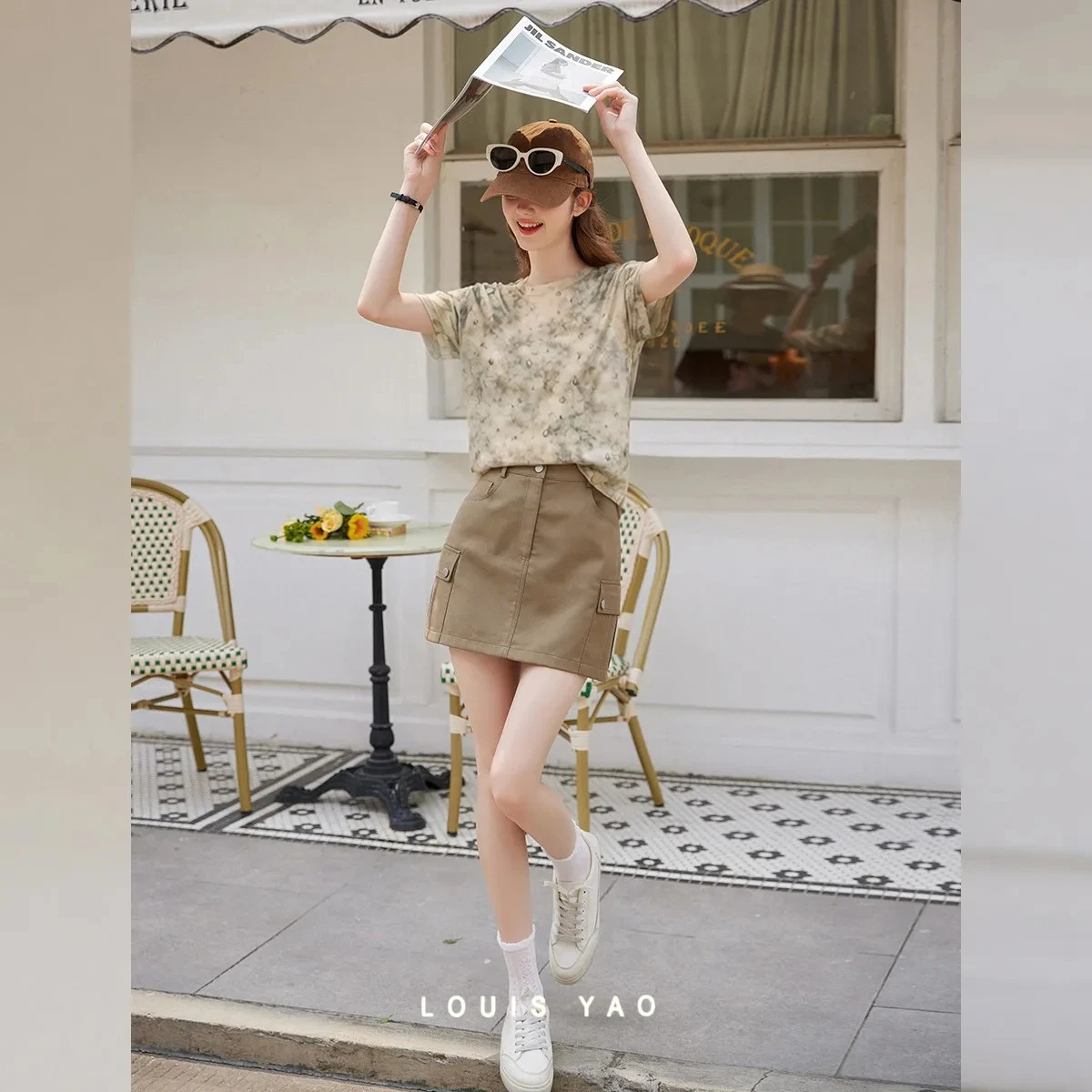 LOUIS YAO Women's T-Shirts 2026 Summer Watercolor Washed Print Casual Top Vintage Women's Crew Neck Short Sleeve T-Shirt