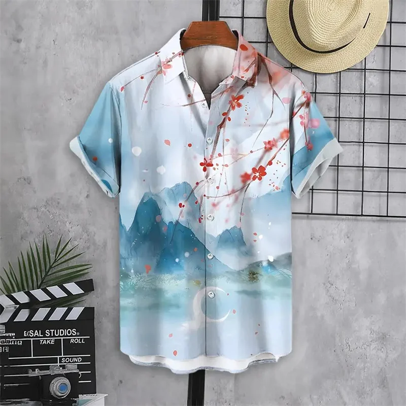 

3D Printed Plum Blossom Hawaiian Shirt For Men Chinese Graphic Blouse Summer Casual Trendy Short Sleeve Button Tees Lapel Tops