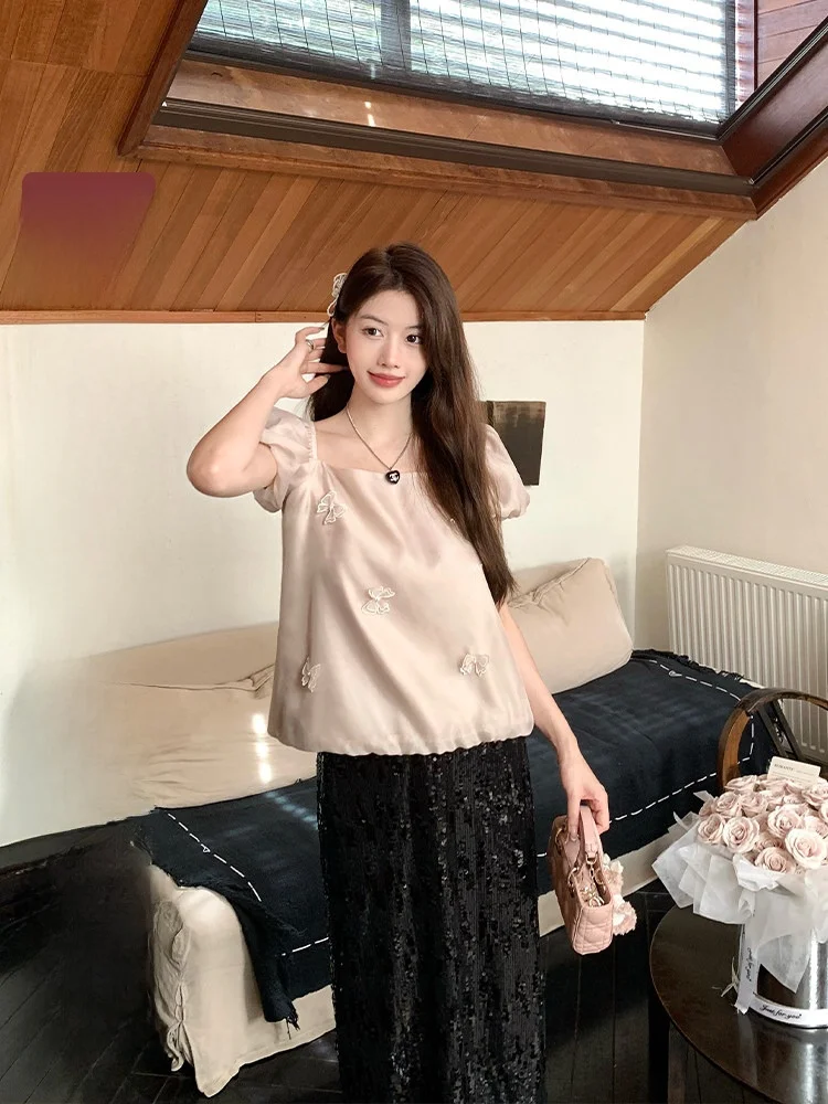 

Дизайнерская женская блузка с коротким рукавом и квадратным вырезом, летняя, розовая, прямого кроя, топ-труба