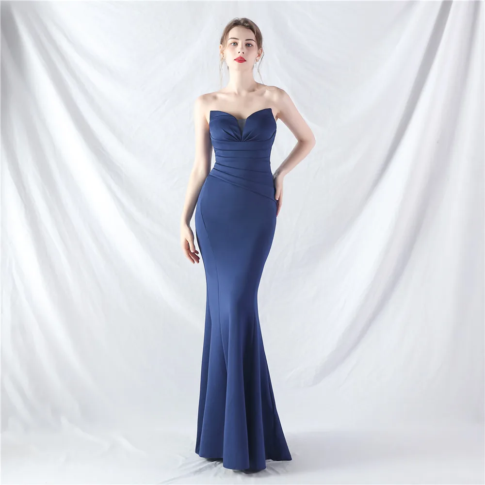 Robe Sirène Longue et Élégante de Couleur Marine, Tenue de Soirée, Dos aux, mesurost, Plissée, en IQUE dex, de Haute Qualité, pour ixde Mariage, Bal, Quelle que soit la Dropshipping