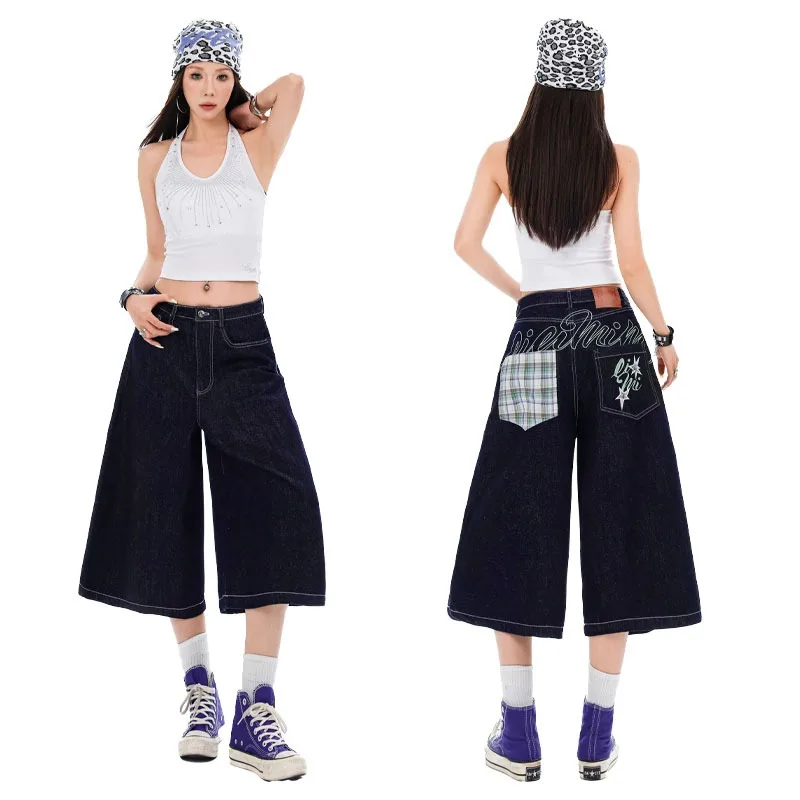 Vintage Dark Wash Women Wide Leg Capri Jeans Back Color Letter Print High Waist Denim Summer 2026 Y2K Street Pants
